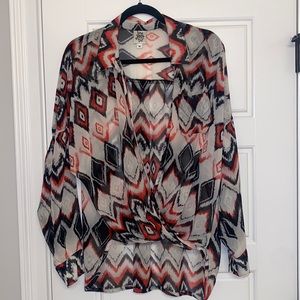 Black and Red Geometric Print Long Sleeve Blouse